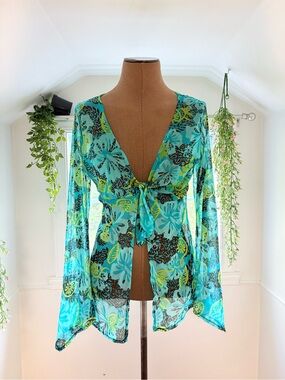 Sheer Tie-Front Floral Blouse - Turquoise Green